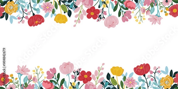 Fototapeta Collection of spring colorful flower elements vector. Floral boarder of wildflower, leaf branch, foliage on white background. Hand drawn blossom illustration for decor, easter, sticker, clipart.