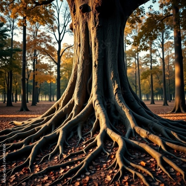 Fototapeta Majestic tree with sprawling roots in autumn forest