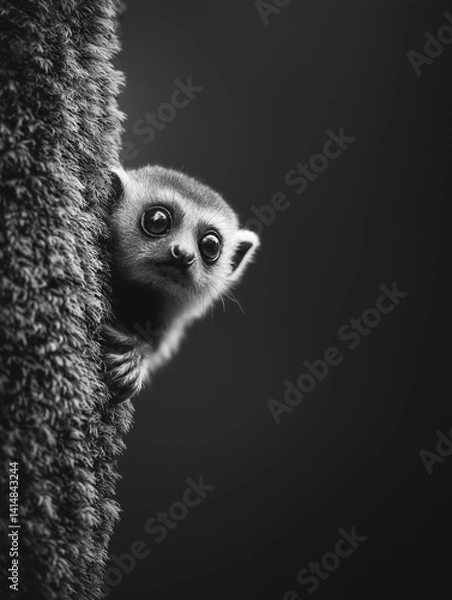 Obraz Black and white photograph of a small animal, possibly a lemur, peeking out from behind a tree trunk. the lemur is looking directly at the camera with a curious expression on its face.