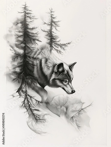 Obraz Black and white illustration of a wolf in a forest. the wolf is facing towards the right side of the image, with its head turned slightly to the left.