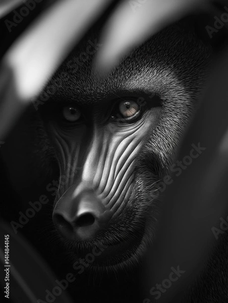 Fototapeta Black and white close-up portrait of a baboon's face. the baboon appears to be looking directly at the camera with a serious expression.