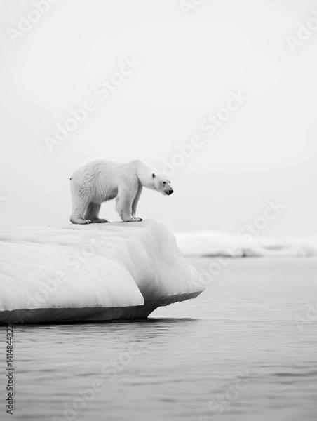 Obraz Black and white photograph of a polar bear standing on top of an iceberg. the polar bear is facing towards the right side of the image and appears to be looking towards the left side.