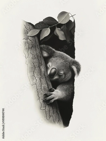 Obraz Black and white illustration of a koala sleeping peacefully on a tree branch. the koala is curled up in a sleeping position with its head resting on the branch and its eyes closed.