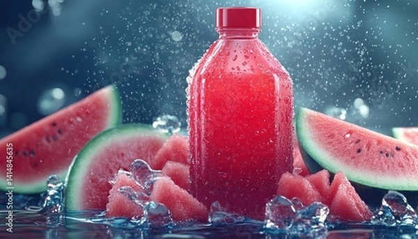 Fototapeta Invigorating Fresh Watermelon Juice Presentation With Bottle and Ice Accents