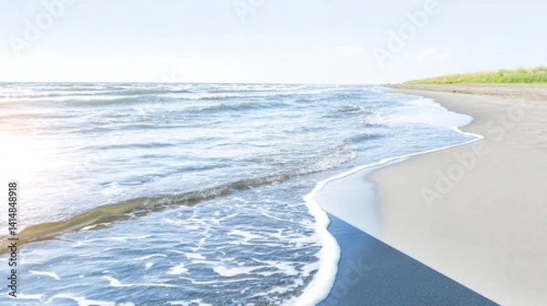 Fototapeta Peaceful Ocean Shoreline: Tranquil Beach Scenery with Sunlit Waves and Sandy Coast