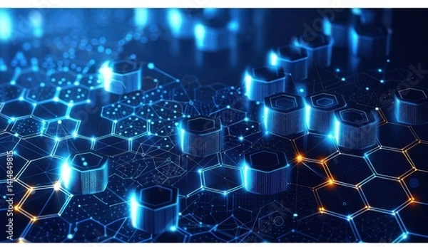 Fototapeta Abstract blue background with a hexagonal pattern and connection lines, suggesting a technology, science, or medical concept