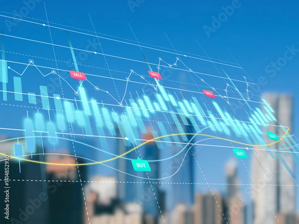 Fototapeta Modern city skyline with financial charts and stock market data visualization