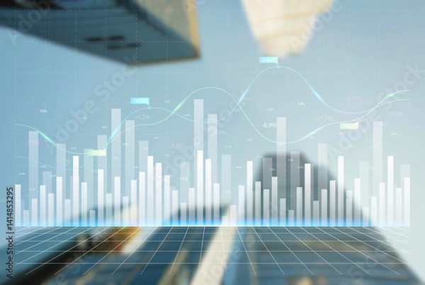 Fototapeta Modern city skyline with financial charts and stock market data visualization