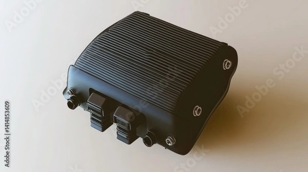 Fototapeta Close-up of a black rectangular electric vehicle battery pack with cooling fins and connectors.