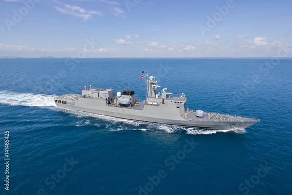 Obraz Grey modern warship helicopter view