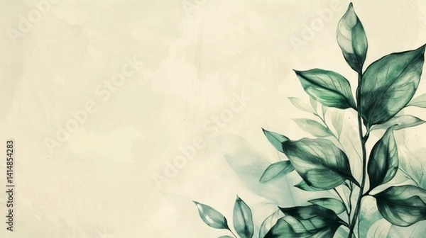 Fototapeta Minimalist Pencil Sketch of Green Plants and Leaves on Creamy Backdrop