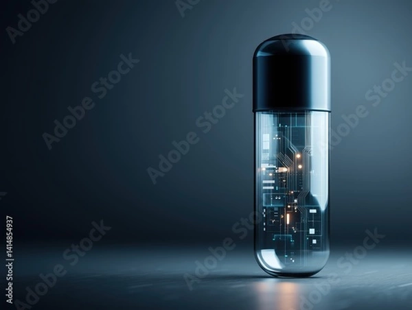 Obraz Vertical minimal poster of a futuristic capsule with metallic blue top and transparent base filled with microchips and nano-lights, set against a dark gradient background with glowing tech-style effec
