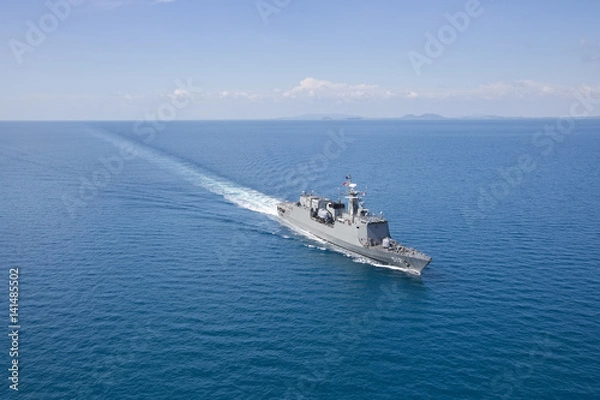 Obraz Grey modern warship helicopter view