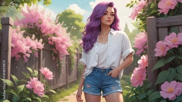 Obraz Woman Enjoying a Peaceful Walk Through a Beautiful Spring Flower Garden