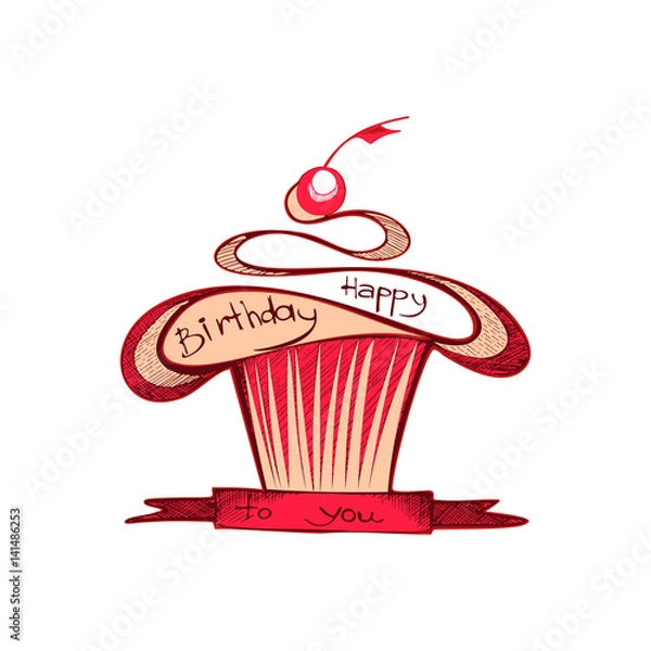 Fototapeta Hand drawn sketch of cupcakes with cherry.