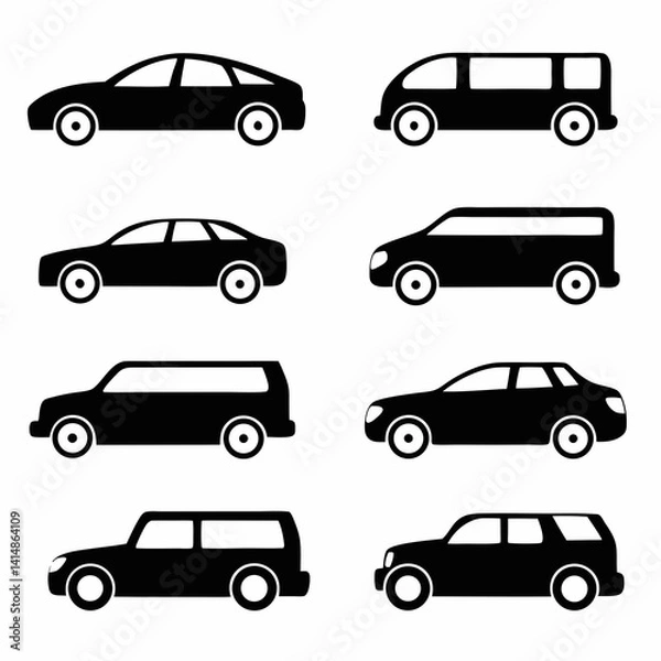 Fototapeta A collection of black silhouette car icons representing various vehicle types