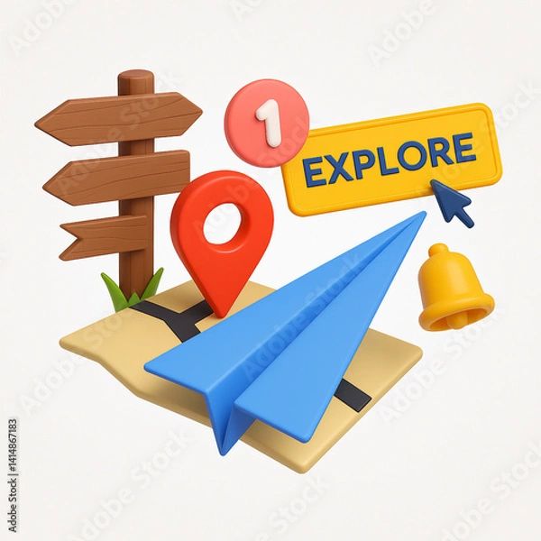 Obraz Map with Location Pin, Airplane, and Explore 3D Icon