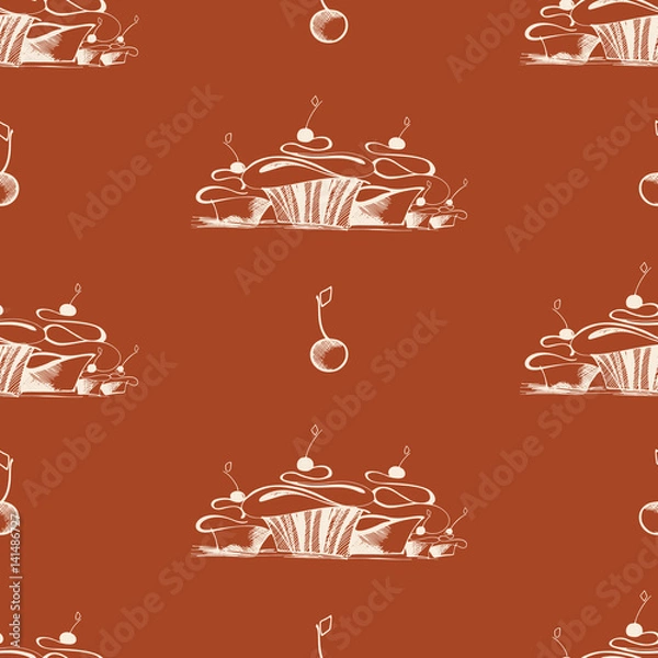 Fototapeta cupcake with a huge cherry for birthday in sketch style