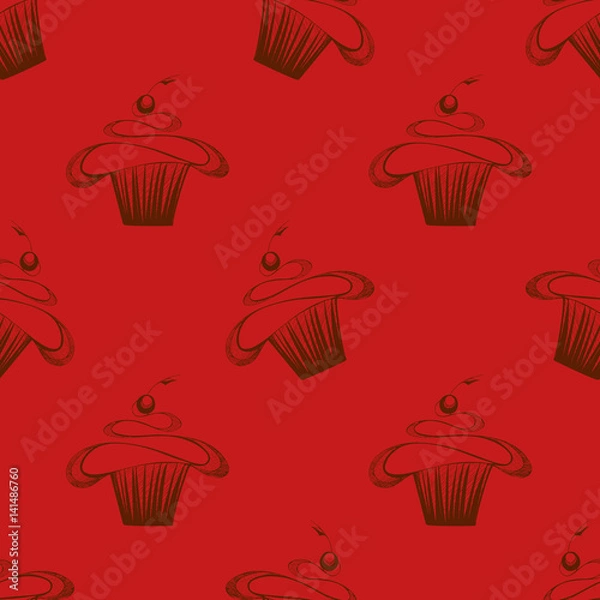 Fototapeta Cream cupcake pattern on red background