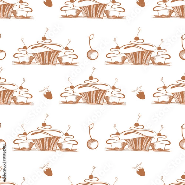 Fototapeta Happy Birthday to you with cake, cherries and strawberries pattern in sketch style