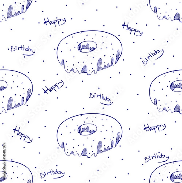 Fototapeta Hand drawn Pattern with tasty donuts. Sketch donuts on white background.