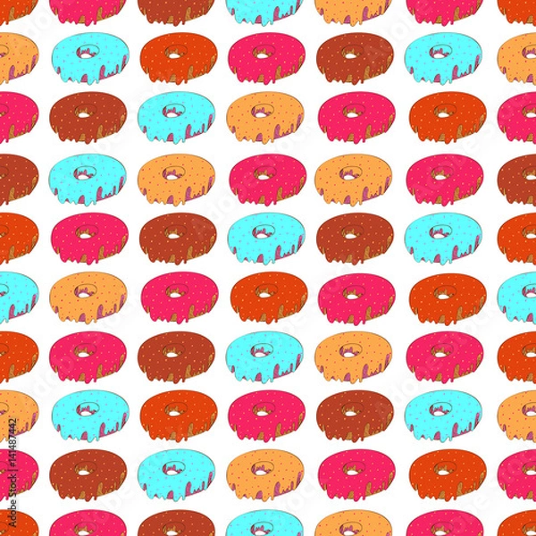 Fototapeta Pattern with donut. Set hand drawn donut with colorful splashes. Donut with cream and berries.