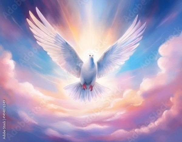Fototapeta A single dove descending through pastel clouds, with subtle rays of watercolor light forming a halo around it — symbol of the Holy Ghost.