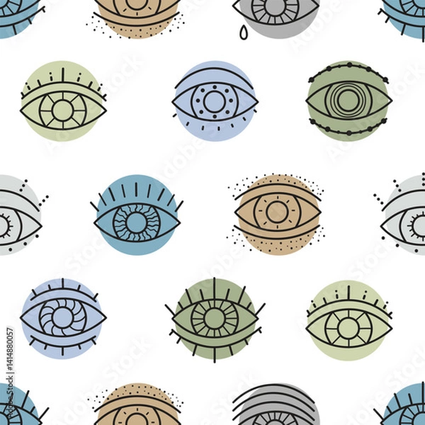 Fototapeta Line eye seamless pattern with Diverse Iris Designs. Retro mid-century style. Polka dot. Textile rapport. Can be used in textile industry, paper, background, scrapbooking.