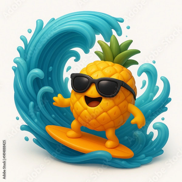Obraz Pineapple Surfing on Wave, isolated white background