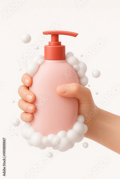 Obraz Hand Pumping Soap from Bottle, isolated white background