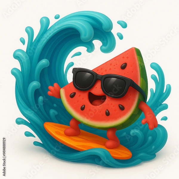 Obraz Watermelon Surfer on Wave, isolated white background