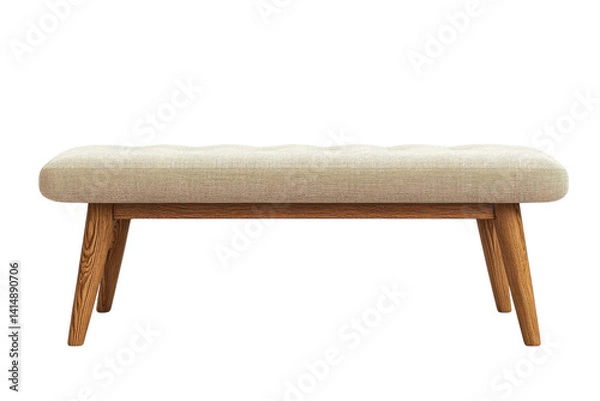 Fototapeta Elegant tufted bench with light grey upholstery and mid century modern wooden legs isolated on a black background showcasing its on transparent background