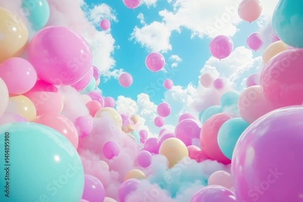 Obraz Pastel Balloons Floating Through a Dreamy Sky with Soft Clouds Celebration of Joy and Whimsy Perfect for Backgrounds and Creative Projects