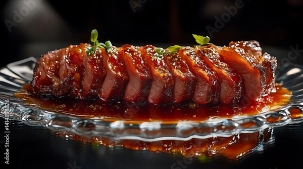 Obraz A luxurious beef brisket with glowing sauce and perfectly sliced on a reflective glass surface 