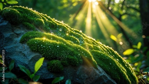 Obraz Moss Covered Rock with Water Droplets Illuminated by Sunlight