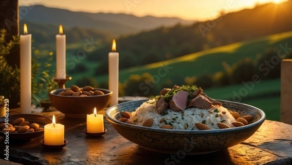 Obraz Dinner with Rice and Meat on Table with Candles Sunset View