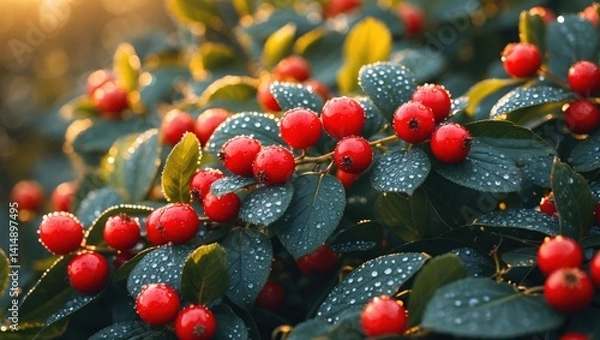 Obraz Bright Red Berries with Water Droplets on Green Leaves Bush