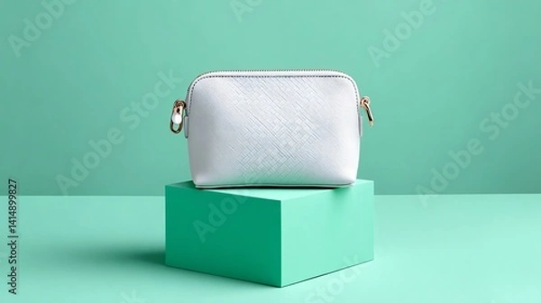 Fototapeta Compact textured white pouch elevated on pedestal with mint green background in soft light, perfect for branding or product ad – Image 4K UHD