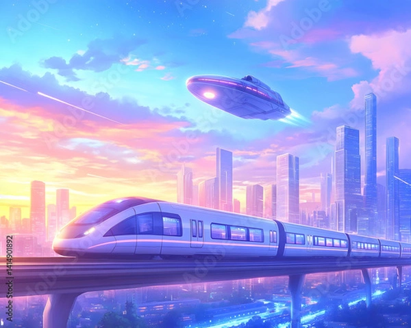 Fototapeta Futuristic cityscape at sunset with high-speed train and flying vehicle