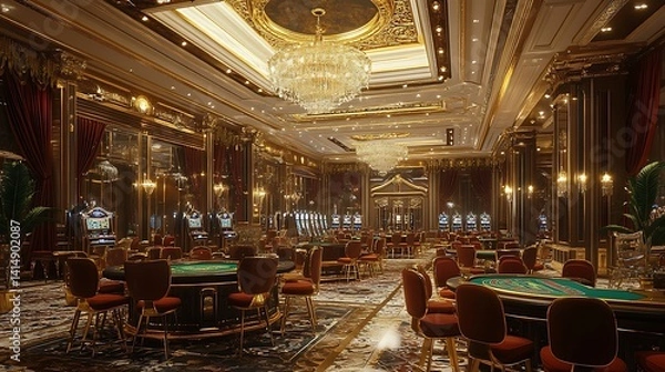 Fototapeta A luxurious casino with gold accents, velvet chairs, and crystal-clear chandeliers 