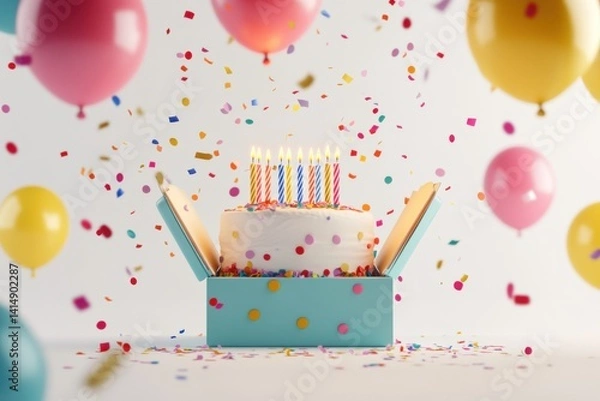 Fototapeta A birthday cake in a box surrounded by balloons and confetti for a festive celebration scene image
