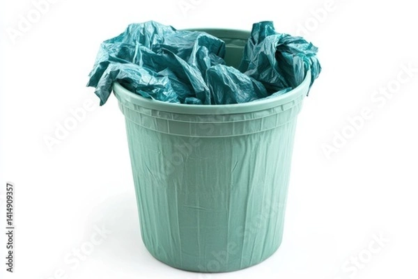 Fototapeta A vibrant green trash bin filled with crumpled plastic bags in a minimalist setting