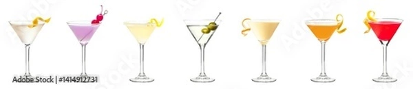 Fototapeta Set bundle of vibrant colorful refreshing cocktails in martini glass PNG transparent background isolated. Popular, cold exotic summer cocktail with garnish