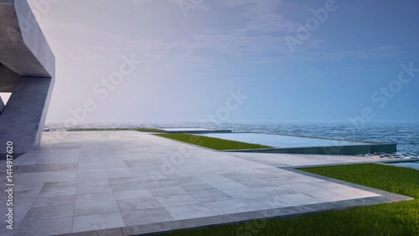 Fototapeta Empty concrete floor terrace near water. 3d rendering of abstract gray building with sea and clear sky background.
