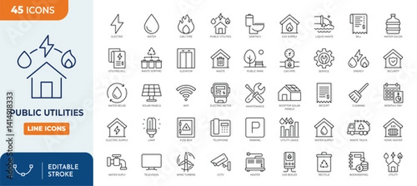 Fototapeta Public utilities line editable icon set. Contains icons related to public utilities, Gas, electricity, water, heating, and more. Editable stroke. Vector illustration