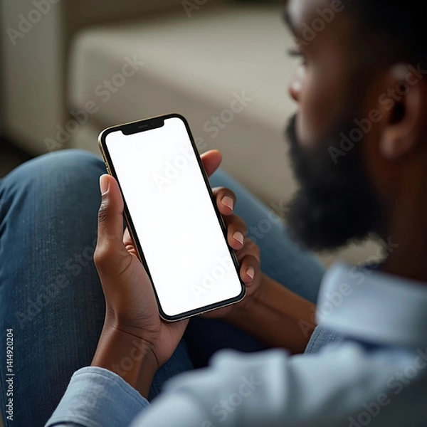 Obraz African American man holding smart phone with mockup white blank display, empty screen for app ads sitting on couch at home. Mobile applications technology concept, over shoulder close up view