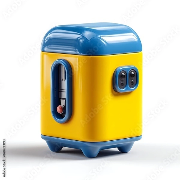 Obraz A colorful, compact device resembling a mini refrigerator with a playful design.