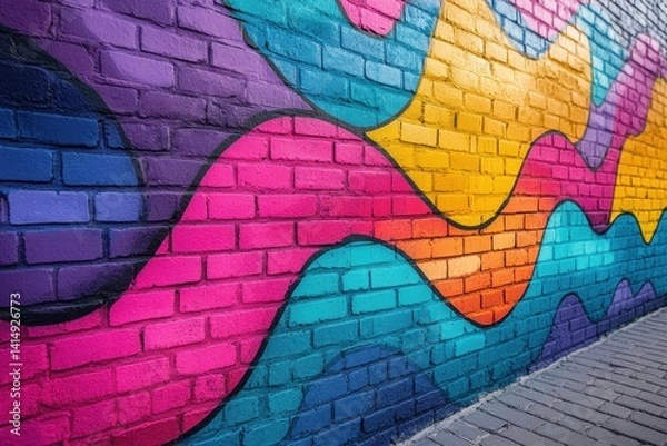 Fototapeta Colorful mural showcasing vibrant wave patterns on a brick wall in an urban alleyway during daylight