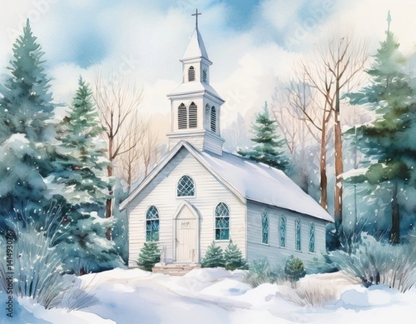 Obraz A white clapboard church with a bell tower, surrounded by watercolor snow and evergreens, evoking winter worship in stillness.