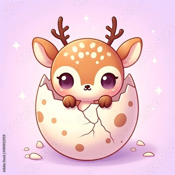 Obraz Cute cartoon baby deer with tiny antlers hatching from a cracked egg shell, surrounded by sparkles and spring elements, symbolizing new life and innocence on pastel background